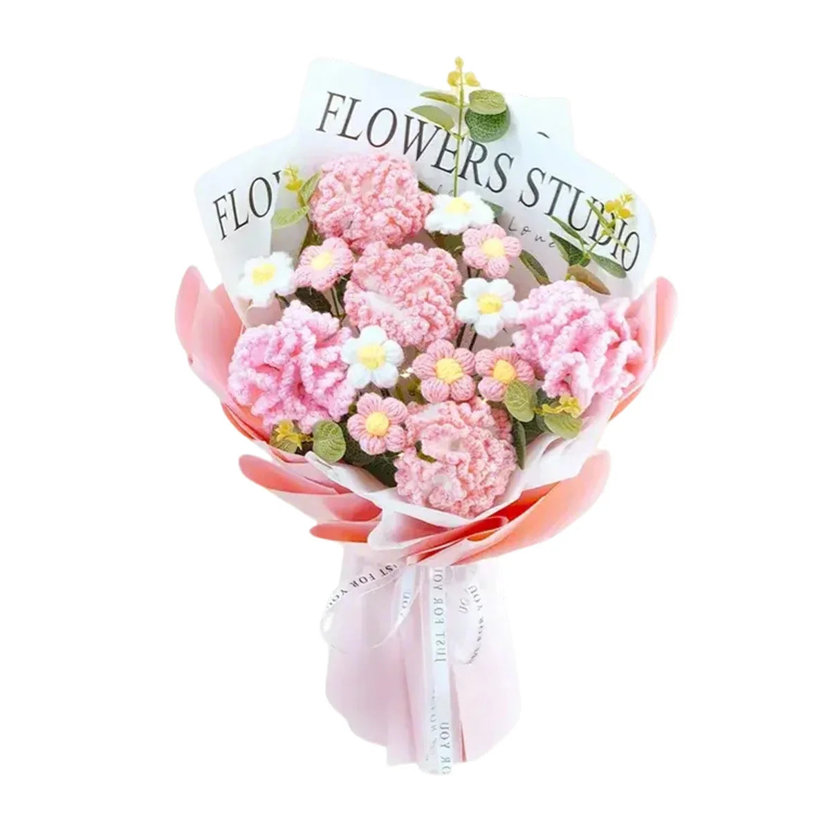 Crochet Flowers Bouquet, Eternal Carnation with Eucalyptus Leaves Artificial Handmade Knitted Bouquet