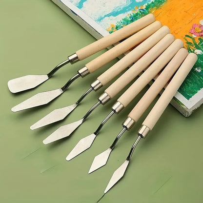 Art Oil Painting Scraper Wooden Flat Head Stainless Steel Pick Knife Gouache Paint Pointed Color Mixing Spatula