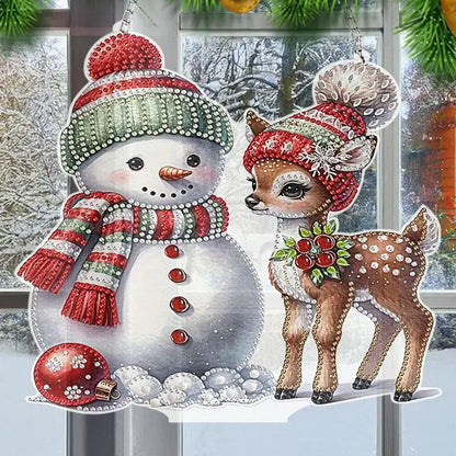 5D Rhinestone Painting Kit Christmas Snowman Themed Gem Paint Pendant With Chain