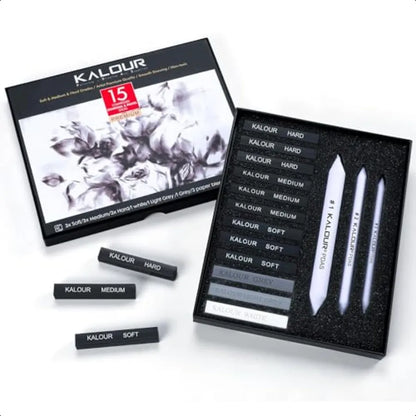 15 Pro Compressed Charcoal Drawing Set with Blending Stumps Soft Medium Hard and White Charcoal Sticks