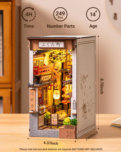 Robotime Sakura Wine Alley Booknook with Lights DIY Miniature Dolls House Kit 3D Wooden Puzzle Bookend Bookshelf