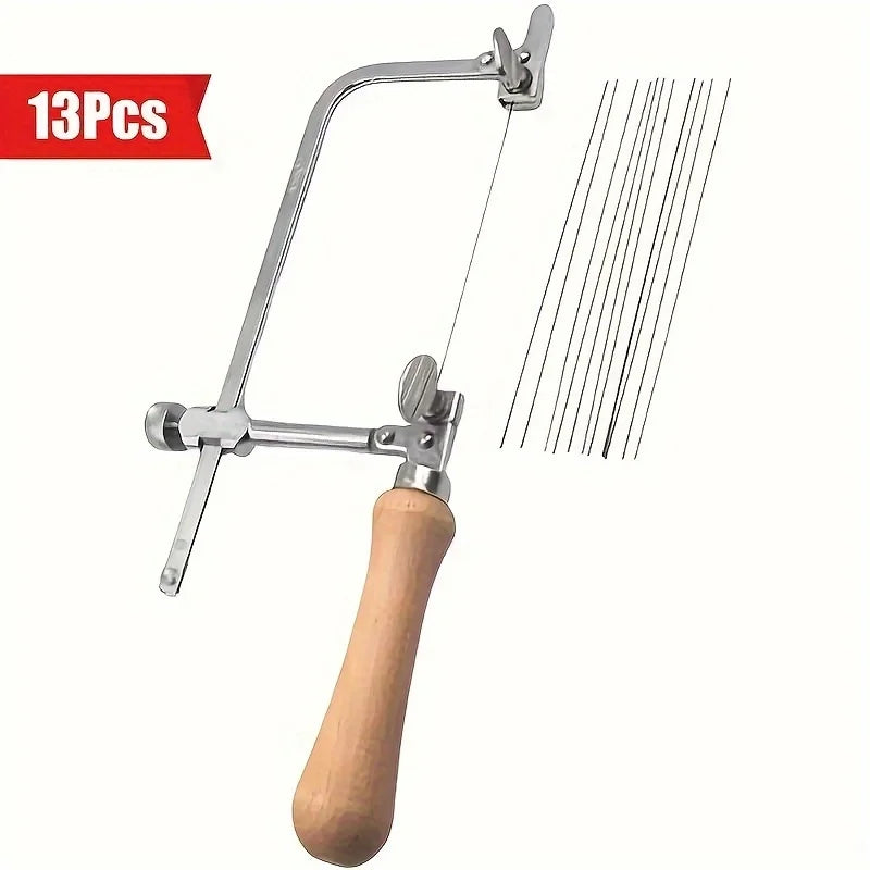 Professional jeweler saw set, adjustable U-shaped saw bow with 12 saw blades, handmade jeweler saw frame with wooden handle