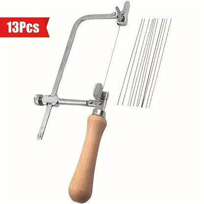 Professional jeweler saw set, adjustable U-shaped saw bow with 12 saw blades, handmade jeweler saw frame with wooden handle