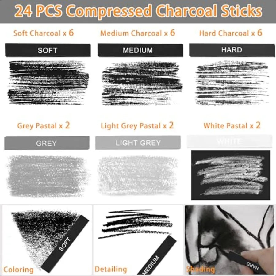 24 Pcs Compressed Charcoal Sticks with Soft Medium Hard and White Charcoal Square Vine Charcoal Stick Kit