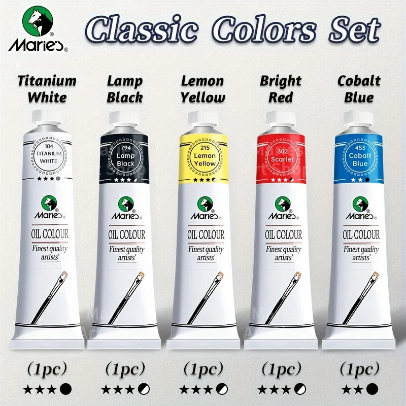 5pcs Marie's Oil Paints Set, 50ml (1.7fl. oz) x 5, Vibrant Colors