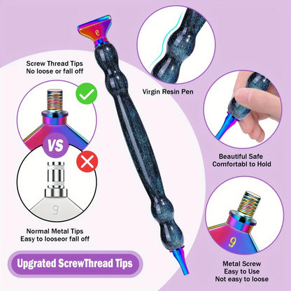 Glitter Gourd Shaped Plastic Pen Metal Drill Bits,6pcs Red Glue,1pc Plastic Box Threaded Diamond Painting Dot Drill Tool Set