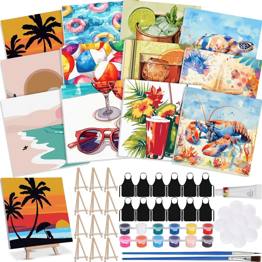 12 Sets Framed Paint by Number Kit for Adults with 12 Wooden Easels, 12 Disposable Apron, 12 Pigment 12 Brush, 12 Palette