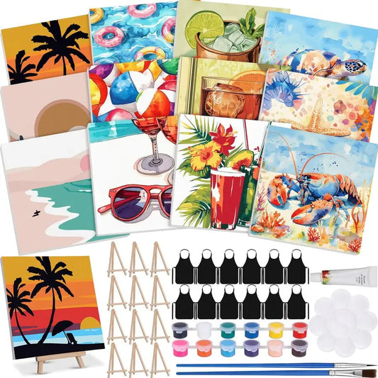 12 Sets Framed Paint by Number Kit for Adults with 12 Wooden Easels, 12 Disposable Apron, 12 Pigment 12 Brush, 12 Palette