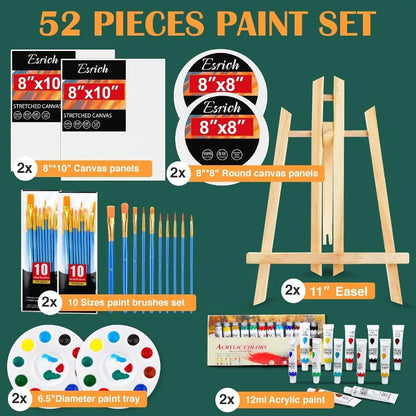 Acrylic Paint Canvas Set52 Piece Painting plies Kit with 2 Wood Easel 2 12Colors 2 10 Brushes Circular Canvas