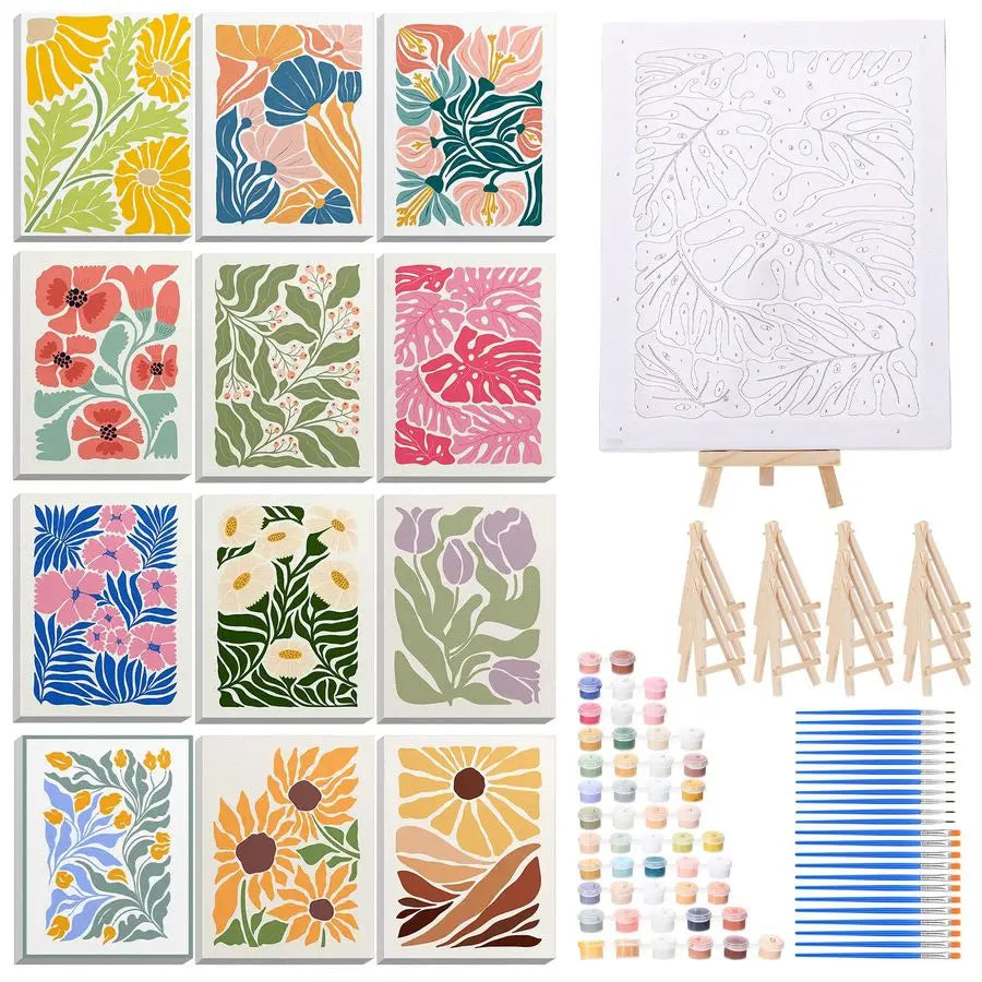 12 Set Paint by Numbers Kit for Adults Simple Flowers Painting 8x10 Inch with Wooden Frame Easel Acrylic Paints Brushes Watercol