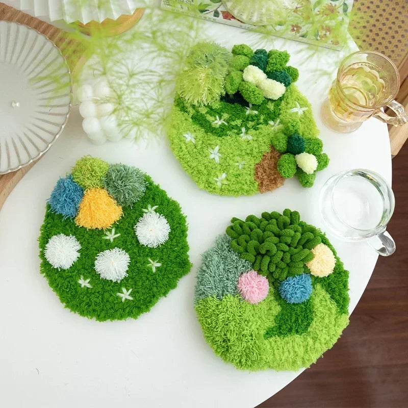 Latch Hook Coaster Kits for Beginners Moss Simple Embroidery Yarn Rugs Hooking