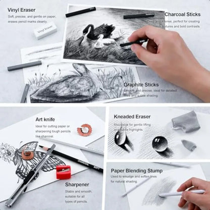 33 Piece Sketching Pencil Set 5H to 14B Pencils Charcoal Pencils Charcoal Sticks Graphite Sticks