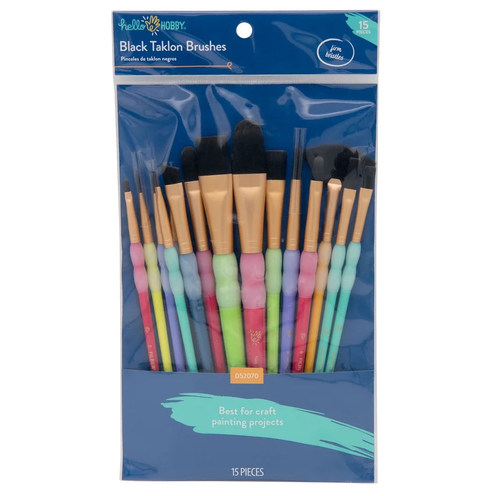 15pc Black Taklon Brush Set Painting Detail Work Blending Layering Easy Clean Durable Ergonomic Handles