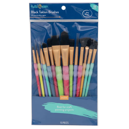 15pc Black Taklon Brush Set Painting Detail Work Blending Layering Easy Clean Durable Ergonomic Handles
