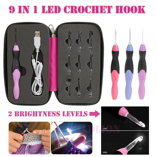 9 in 1 USB Light Up Crochet Hooks Handmade Knitting Needles LED Sewing Tools Set