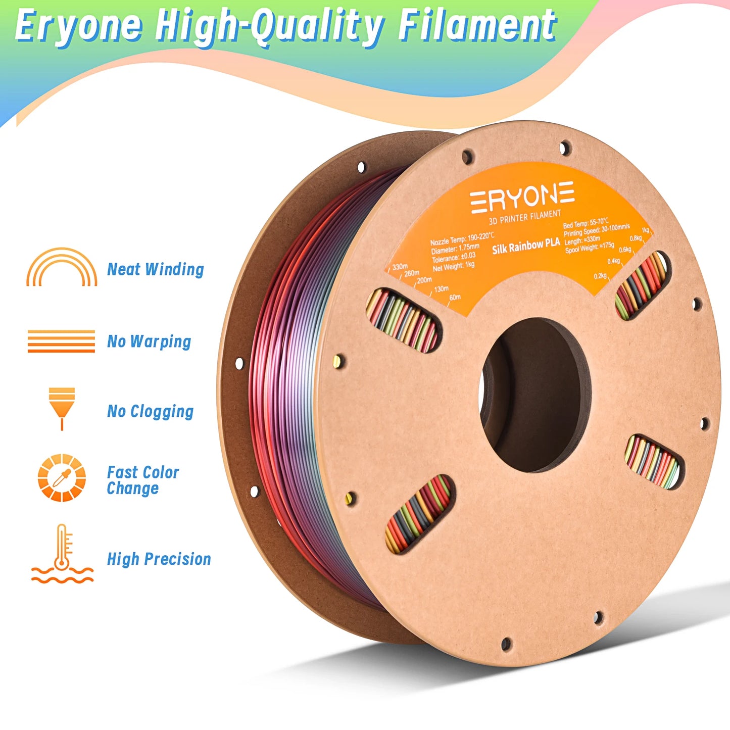Eryone Silk Rainbow PLA 1KG Filament 1.75mm ±0.03mm Excellent Quality For 3D Printer Sunset Vibrant Palette Rainbow Materials
