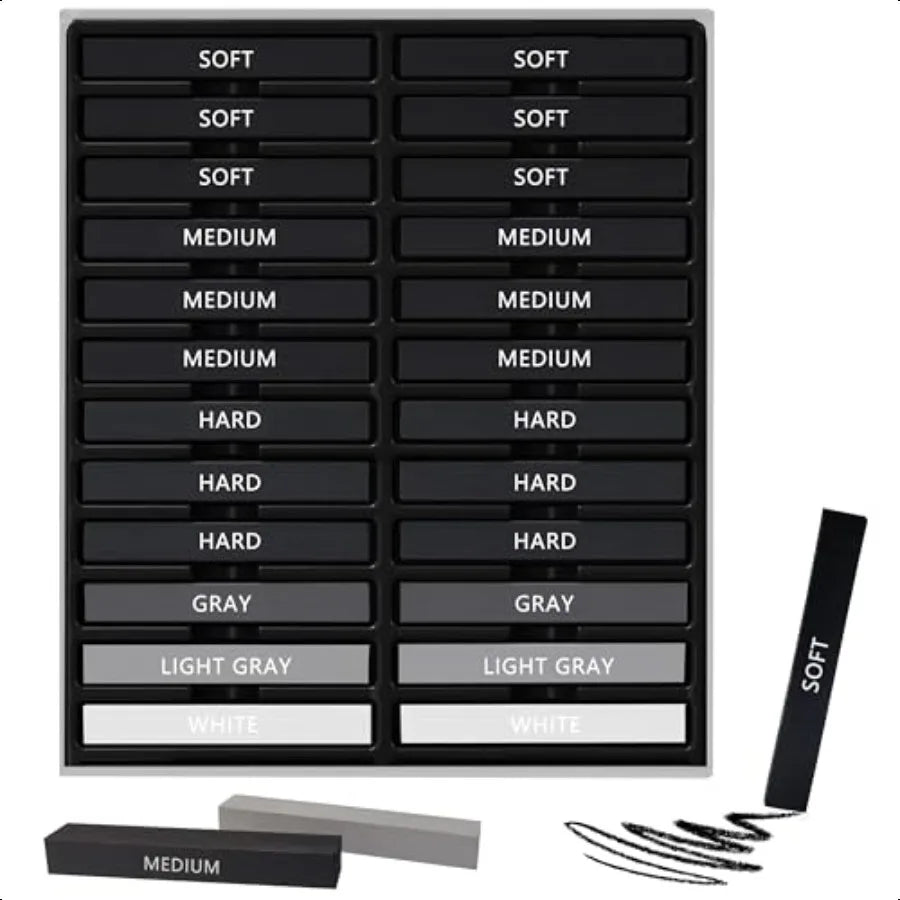 24 Pcs Compressed Charcoal Sticks with Soft Medium Hard and White Charcoal Square Vine Charcoal Stick Kit
