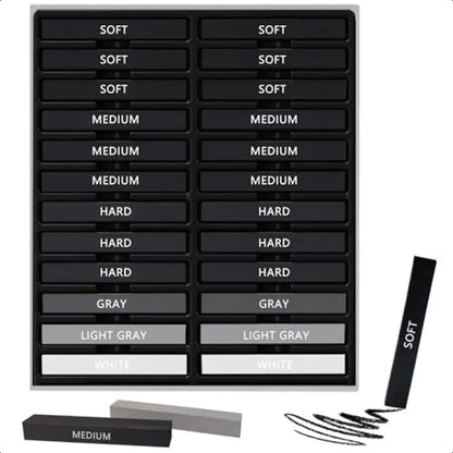 24 Pcs Compressed Charcoal Sticks with Soft Medium Hard and White Charcoal Square Vine Charcoal Stick Kit