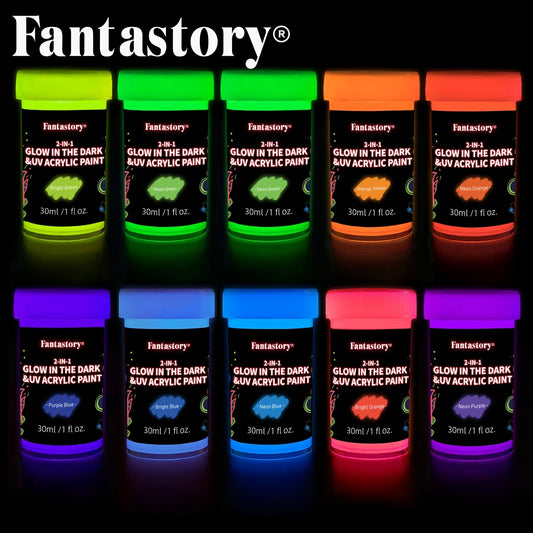 Acrylic Paint Set, 10 Neon and Glow in the Dark Colors for Wood, Fabric, Crafts, Canvas, Stone, Drawing & Painting