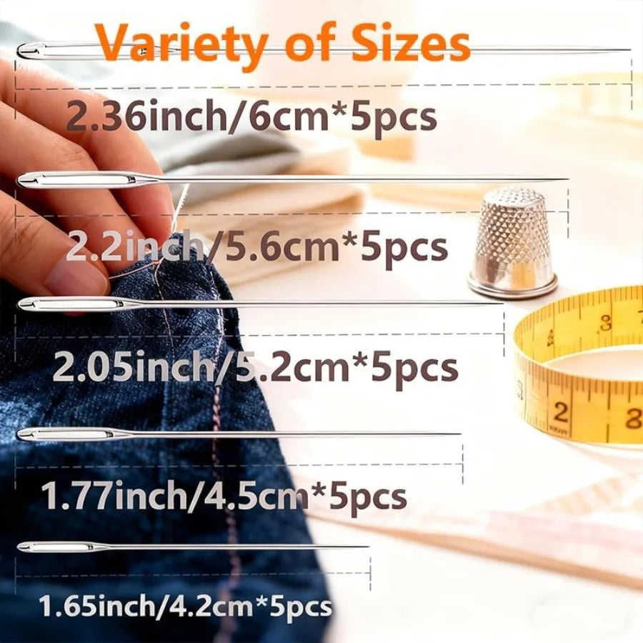 75pcs Large Eye Stitching Needles for Sewing Handmade Leather Stainless Steel Yarn Knitting Needles with Thimble Threader