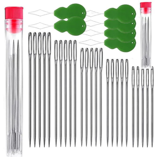 75pcs Large Eye Stitching Needles for Sewing Handmade Leather Stainless Steel Yarn Knitting Needles with Thimble Threader