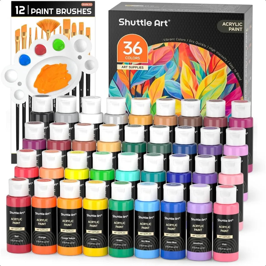 Acrylic Paint Set 36 Colors with Brushes Palette 2oz 60ml Bottles Rich Pigments Nontoxic