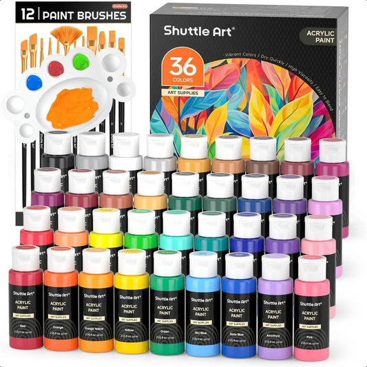 Acrylic Paint Set 36 Colors with Brushes Palette 2oz 60ml Bottles Rich Pigments Nontoxic