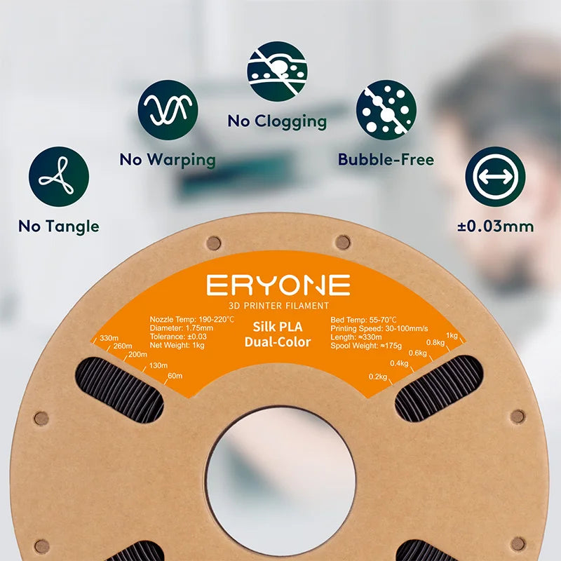 ERYONE PLA Silk Dual Color Premium Filament 3D Print, Diameter:1.75mm, Tolerance:+/-0.03mm,1KG/Spool