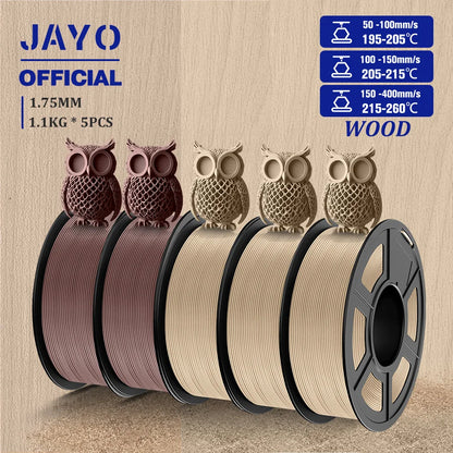 JAYO Wood PLA Filament 1.75mm 5Rolls 15% Real Wood Fiber 3D Filament For FDM 3D Printers