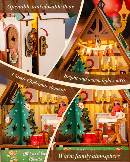 Rolife Miniature Wooden Dollhouse Collectible 3D Wooden Puzzle Home Decor Twinkling Christmas House