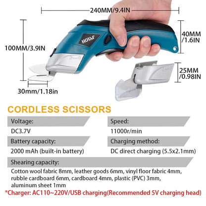 USB Rechargeable Electric Scissors 3.6V Fabric Leather Fabric Cardboard Plastic Cutting Tool with Built-In 2.0Ah Battery