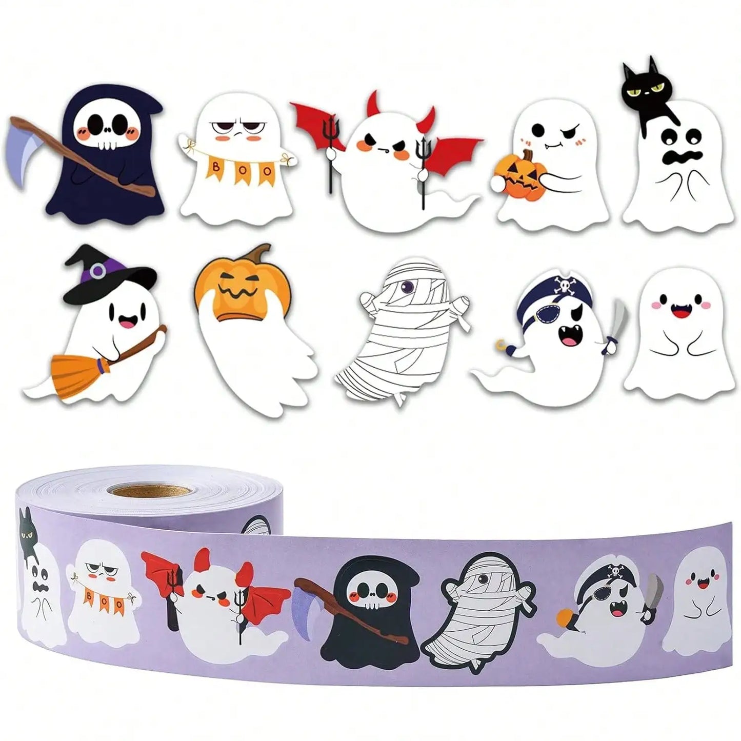 500 PCS Cute Halloween Ghost Stickers - 10 Designs Bulk Round Adhesive