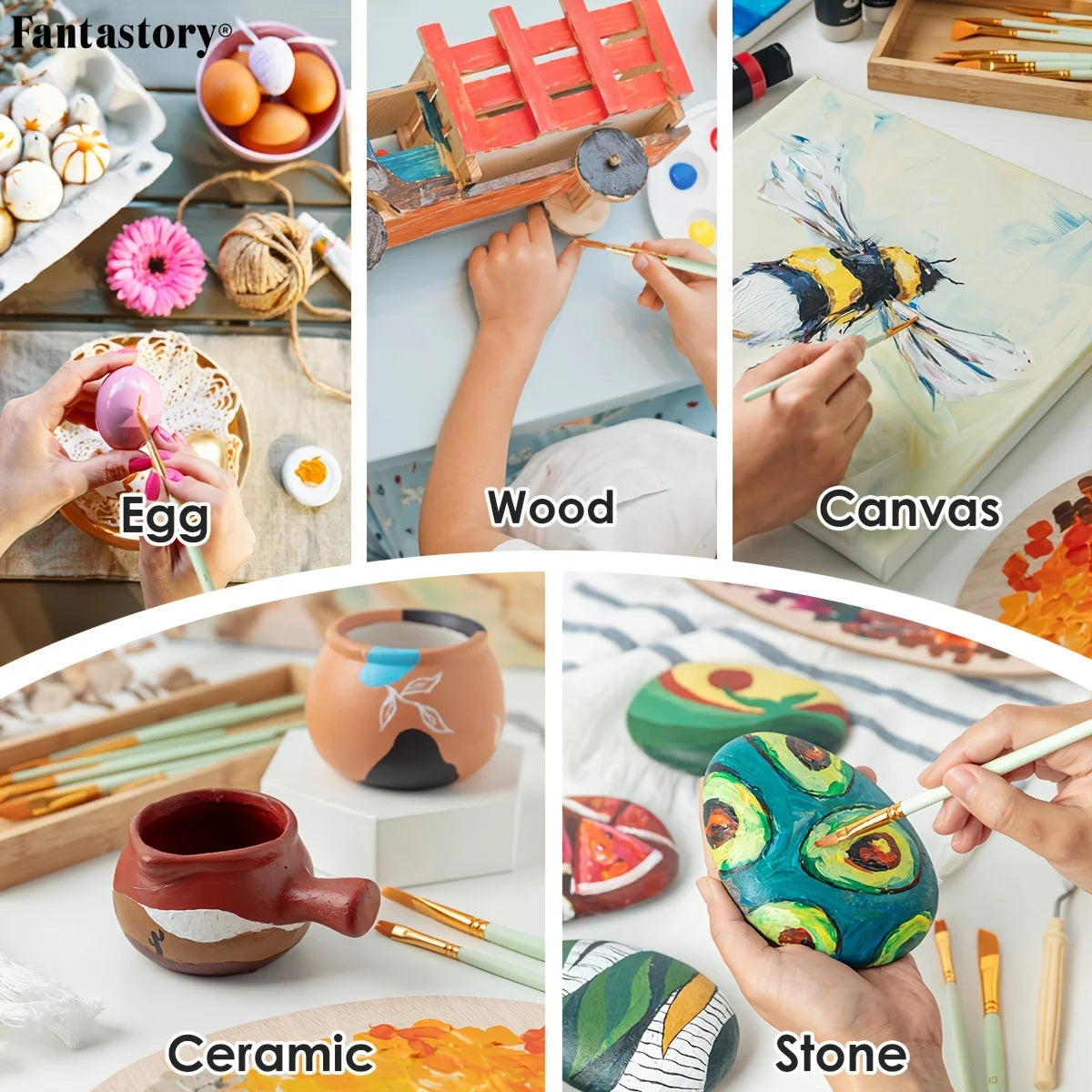 Fantastory 60ml Acrylic Paint Set, Professional Craft Paint With 12 Brushes, Glass/Stone/Wood Painting