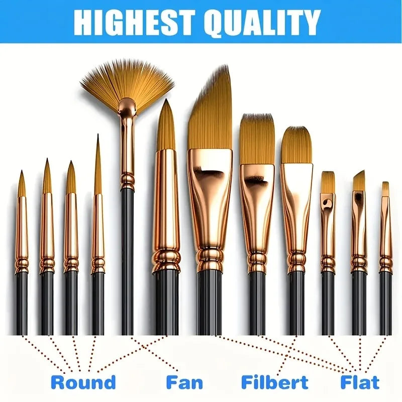 12pcs Nylon Bristle Brush Set Flat Brushes Watercolor Oil Paint And Acrylic Paintings Fabric Brushes