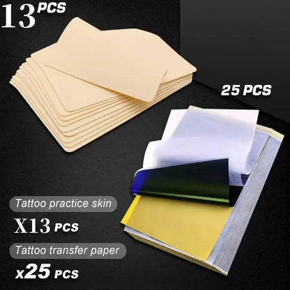 38pcs Tattoo Kit 13pcs Tattoo Skin Practice And 25pcs Transfer Paper Set Double Sides Tattoo Training Skin