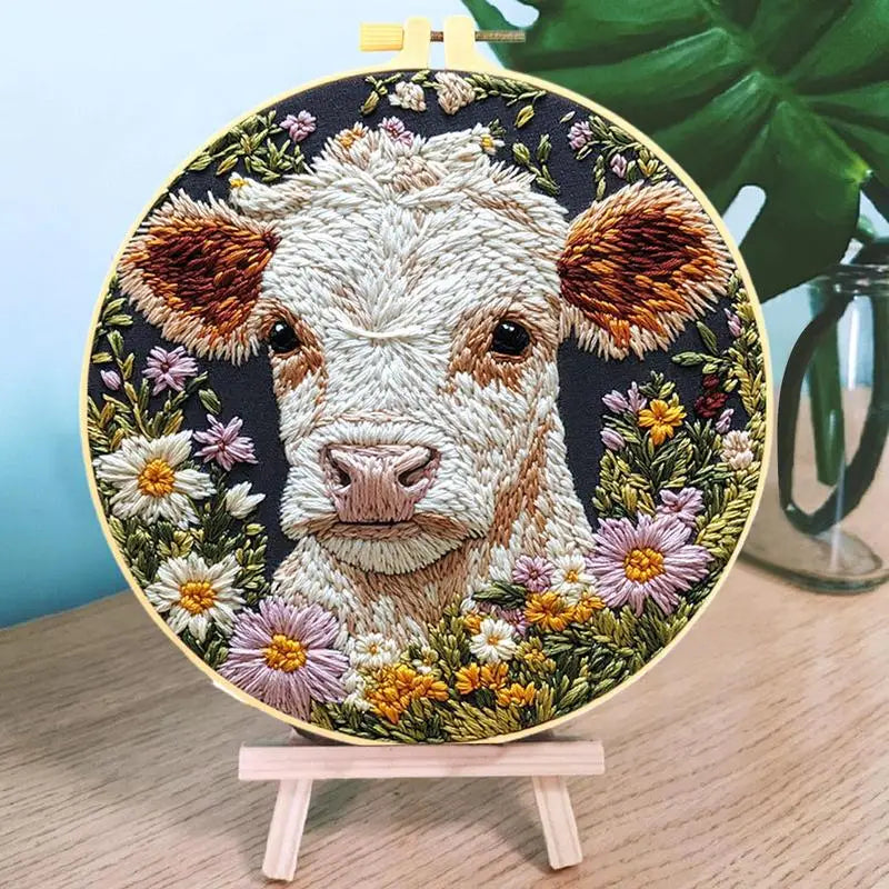 Beginner Embroidery Kit Cow Daisy Flower Embroidery Punch Needle Kit Colorful Handmade Craft Set Includes Embroidery Hoop Cloth