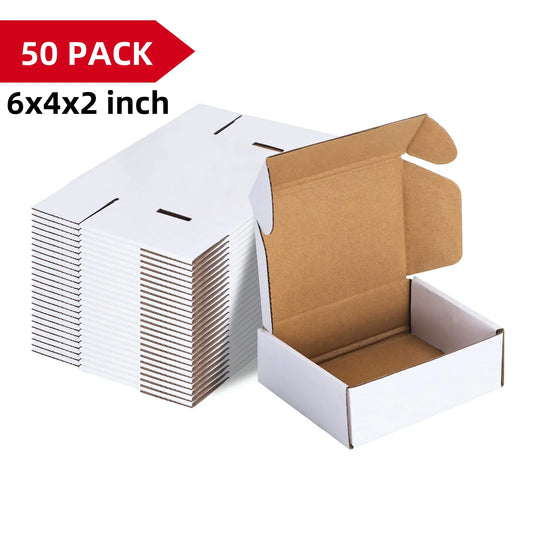 50pcs Corrugated Paper Gift Boxes, 6x4x2 Inch Sturdy Cardboard Packaging, White Small Shipping Boxes