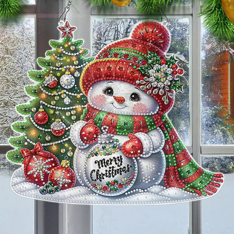 5D Rhinestone Painting Kit Christmas Snowman Themed Gem Paint Pendant With Chain