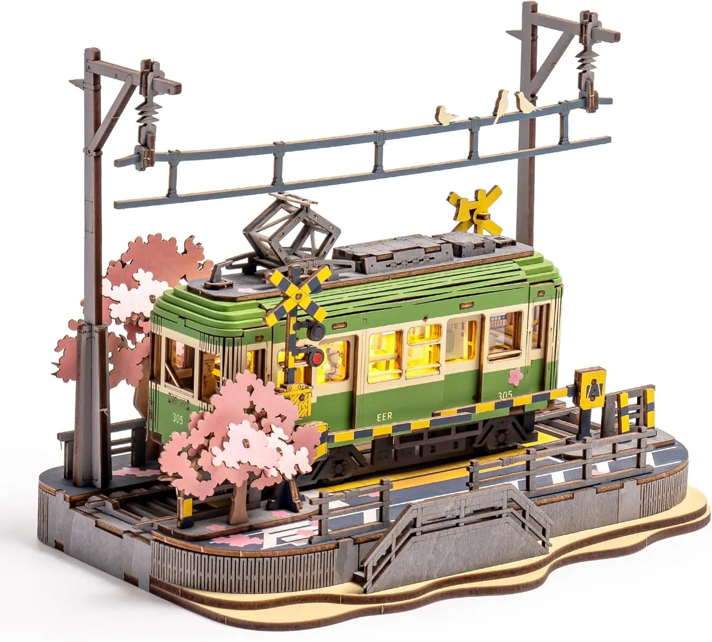 Robotime 3D Puzzles Sakura Journey DIY Model Building Toy with LED Light Wooden Craft Kits Tram
