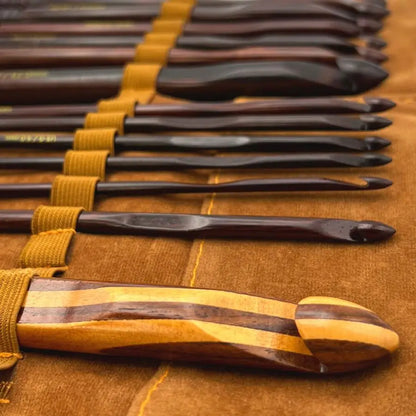 Artisan Ebony Wood Crochet Hooks Set with Leather Carrying Case incl. 13 Crochet Hooks Size US E P Premium Set, Portable