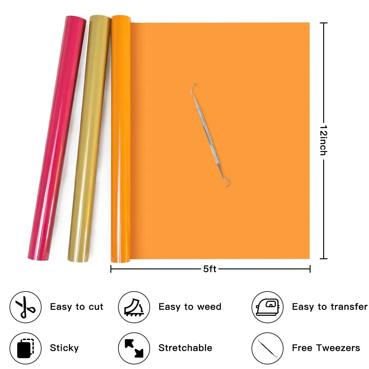 HTVRONT Heat Transfer Vinyl Roll Hot Press Iron-on Tshirt Textiles Film Roll 12inX5Ft,3Ft HTV