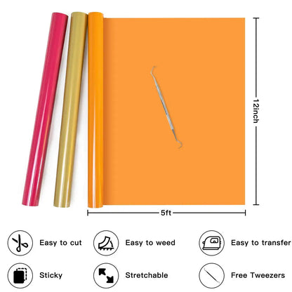 HTVRONT Heat Transfer Vinyl Roll Hot Press Iron-on Tshirt Textiles Film Roll 12inX5Ft,3Ft HTV