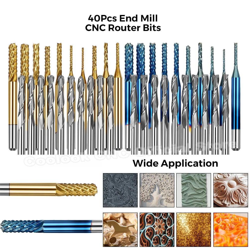 Milling Cutter 40pcs 3.175mm Shank Ball Nose End Mill 2 Flute Flat CNC Router Bits PCB Milling Cutter for CNC