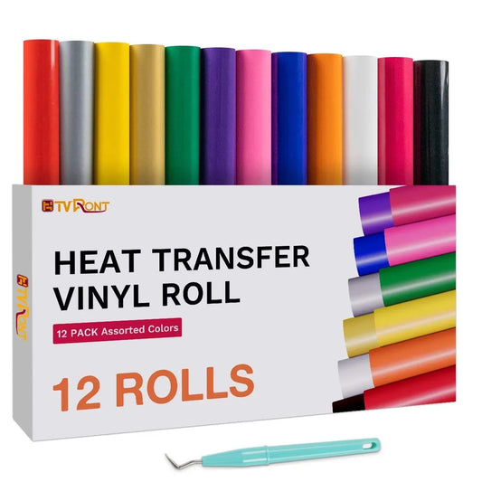 HTVRONT 12pk 12inX5ft Multi Colors Heat Transfer Vinyl Roll for Cricut T-shirt Printing DIY Iron on HTV Film
