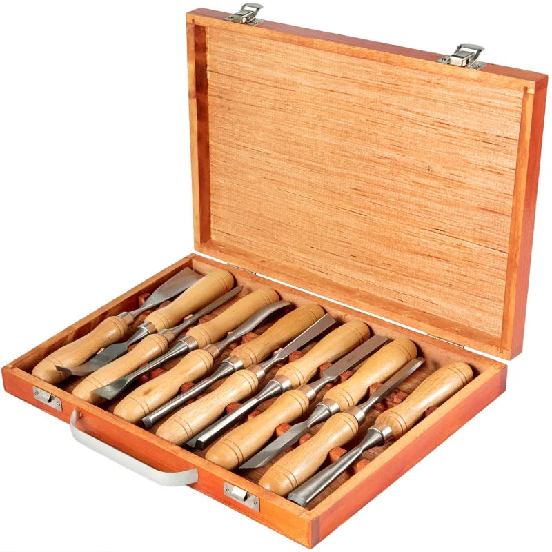 KFFKFF Wood Chisel Sets 12 pcs Hand Chisel 3-3/4 inch Blade Length, with Red Eucalyptus Handle