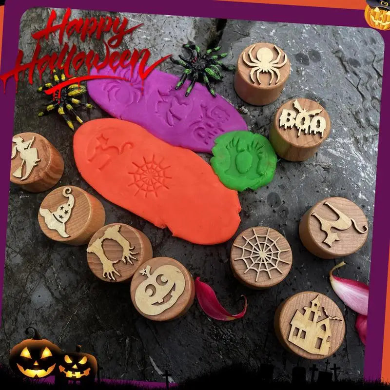 Halloween Clay Stamp Kit 9pcs Wooden Handmade Stamp Set