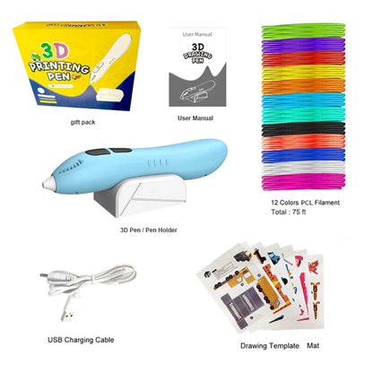 CRH Super Low Tem 3D Printing Pen - Includes 3D Pen, 12 Colors of PCL Filament Refill with Stencil Guide and User Manual, Blue