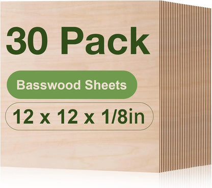 Robotime 12-Pack 3mm Basswood 12 x 12 x 1/8 Inch Craft Wood A/A Grade Sheets Plywood for Laser Cutting
