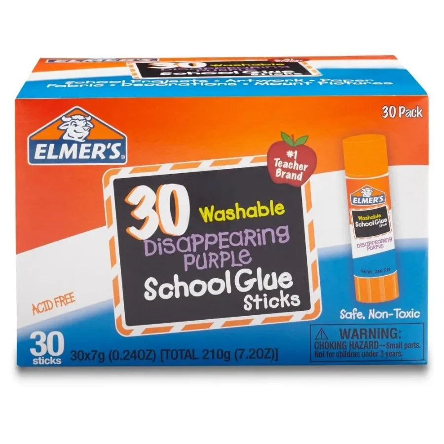 30-Count Purple Glue Sticks 7g, Washable Disappearing