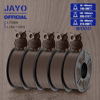JAYO Wood PLA Filament 1.75mm 5Rolls 15% Real Wood Fiber 3D Filament For FDM 3D Printers